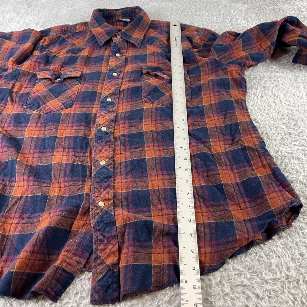 Wrangler Mens XL Plaid Long Sleeve Button Up Shirt Orange Navy Blue Flannel - Picture 7 of 10